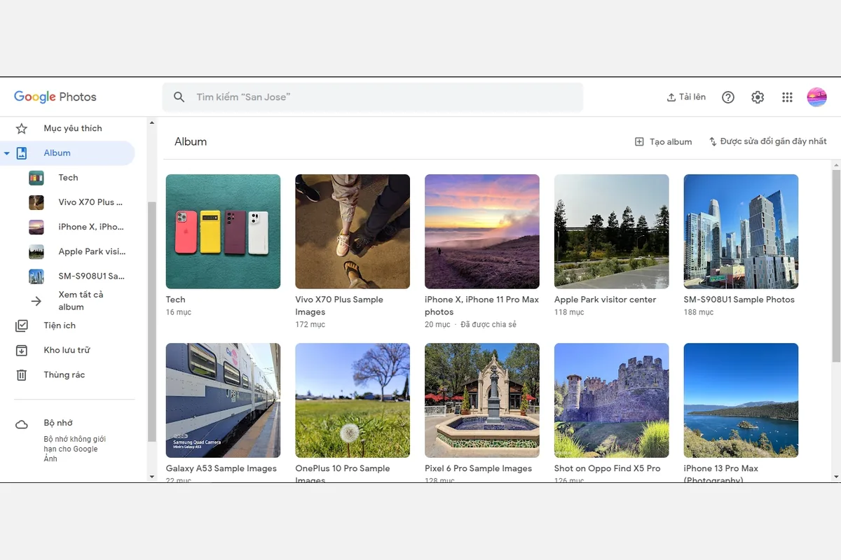 SecÃ§Ã£o de Ã¡lbuns do Google Fotos num browser, com miniaturas de fotografias