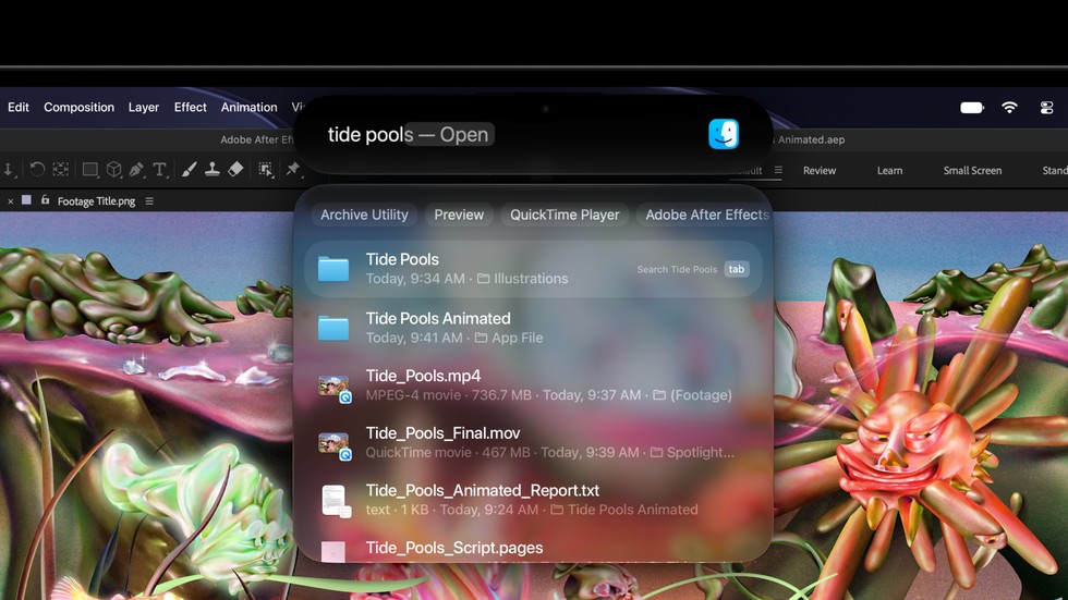 Dynamic Island no topo do ecrã do MacBook Pro com uma pesquisa do Spotlight aberta