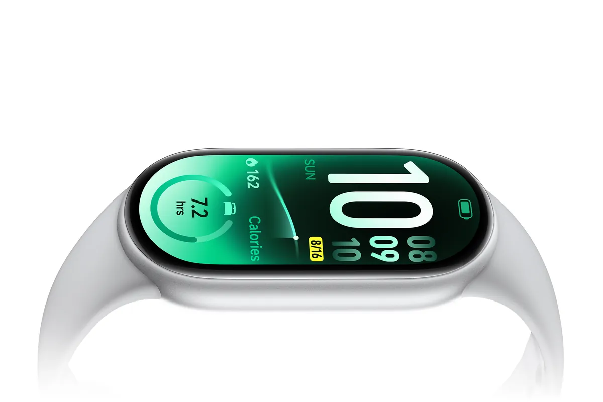 Ecrã AMOLED da Xiaomi Smart Band 11 numa bracelete prateada
